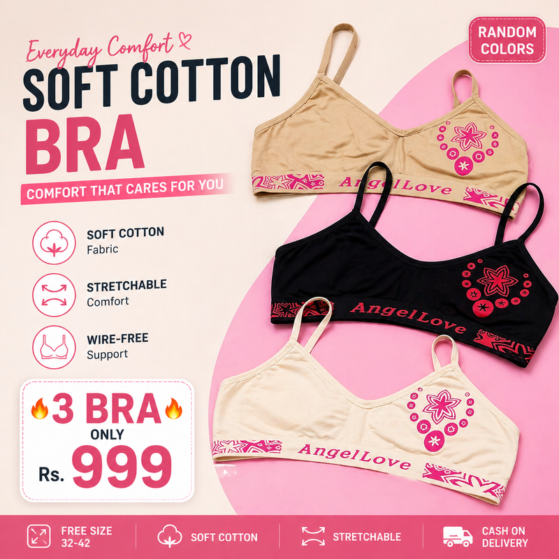 Pack of 3 Buddy Soft Cotton Bralette Set – Free Size (32–38) Adjustable, Random Colors